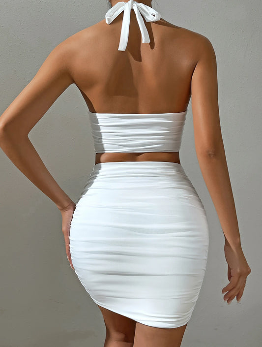 Velisse White Halter Set Sleeveless Backless Two Piece Set