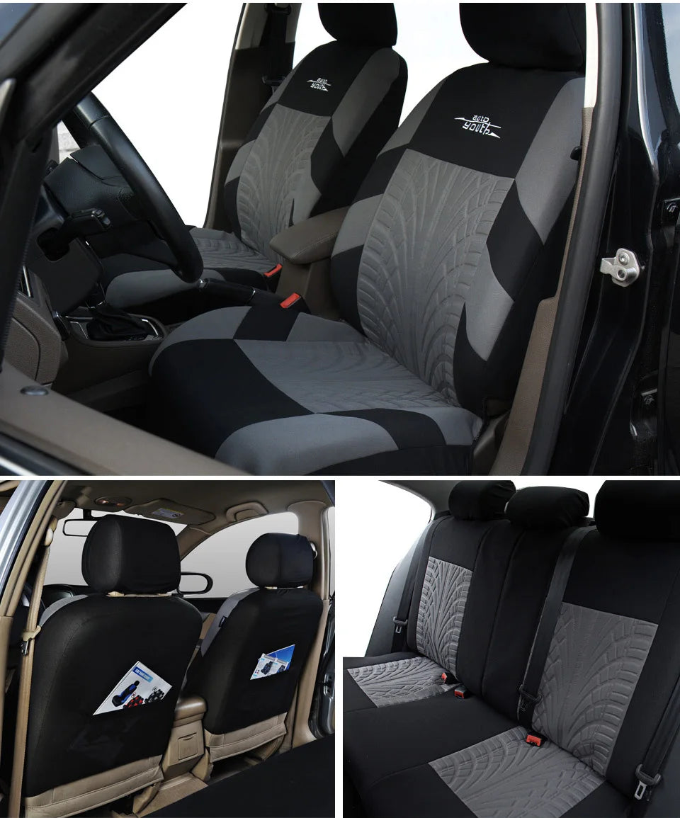 Universal Car Seat Protector Set – Stylish Embroidery & Tire Track Detail