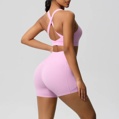 FlexFit™ Women’s Pocket Gym Set – Crossover Bra & Workout Shorts 2PCS Activewear