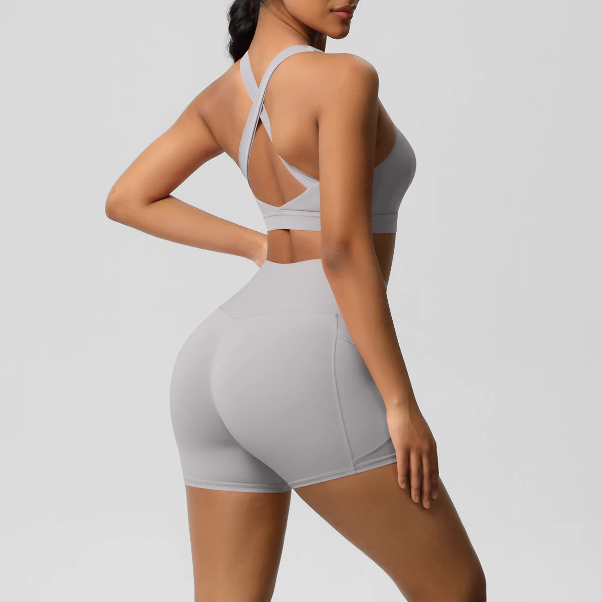 FlexFit™ Women’s Pocket Gym Set – Crossover Bra & Workout Shorts 2PCS Activewear