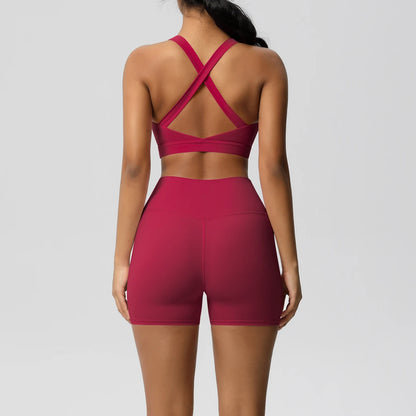 FlexFit™ Women’s Pocket Gym Set – Crossover Bra & Workout Shorts 2PCS Activewear