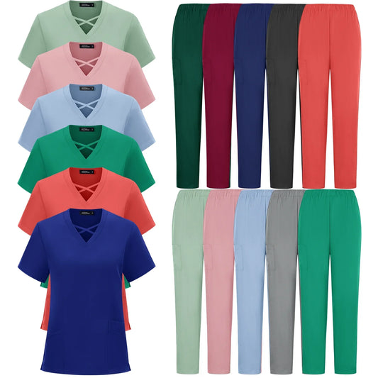 MedFlex™ Women’s Scrub Set – Solid Color X-Neck Top & Jogger Pants with Pockets