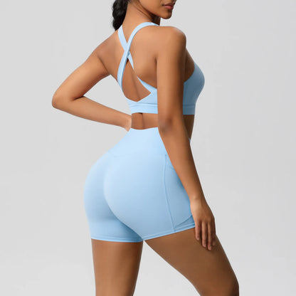 FlexFit™ Women’s Pocket Gym Set – Crossover Bra & Workout Shorts 2PCS Activewear