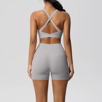 FlexFit™ Women’s Pocket Gym Set – Crossover Bra & Workout Shorts 2PCS Activewear