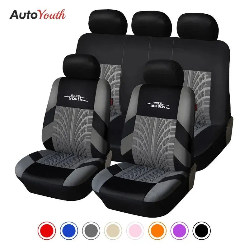 Universal Car Seat Protector Set – Stylish Embroidery & Tire Track Detail
