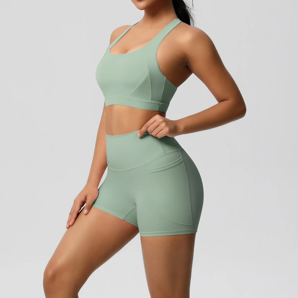 FlexFit™ Women’s Pocket Gym Set – Crossover Bra & Workout Shorts 2PCS Activewear