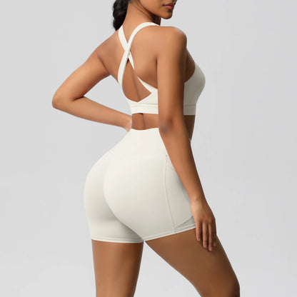 FlexFit™ Women’s Pocket Gym Set – Crossover Bra & Workout Shorts 2PCS Activewear