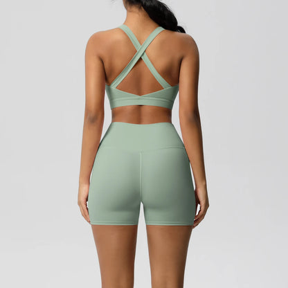 FlexFit™ Women’s Pocket Gym Set – Crossover Bra & Workout Shorts 2PCS Activewear