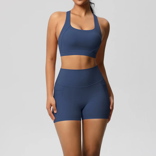 FlexFit™ Women’s Pocket Gym Set – Crossover Bra & Workout Shorts 2PCS Activewear