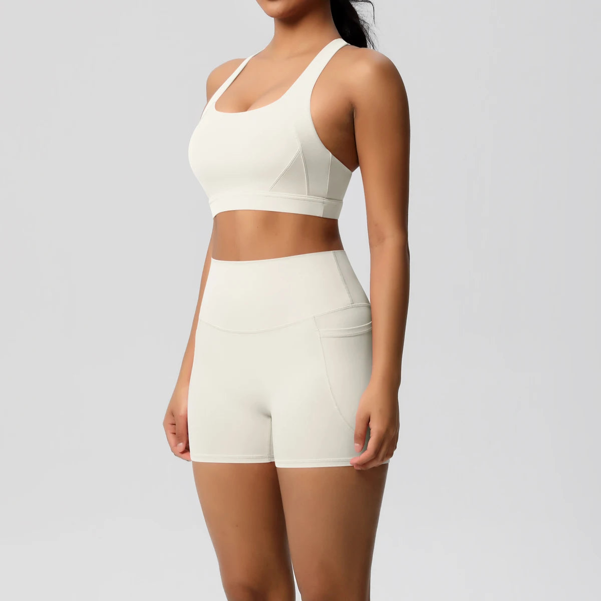 FlexFit™ Women’s Pocket Gym Set – Crossover Bra & Workout Shorts 2PCS Activewear