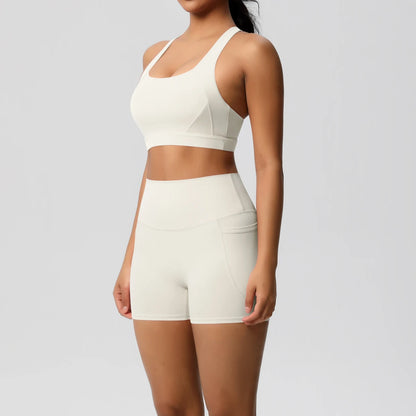 FlexFit™ Women’s Pocket Gym Set – Crossover Bra & Workout Shorts 2PCS Activewear