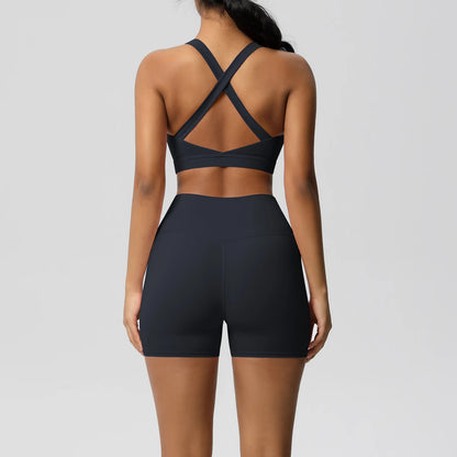 FlexFit™ Women’s Pocket Gym Set – Crossover Bra & Workout Shorts 2PCS Activewear