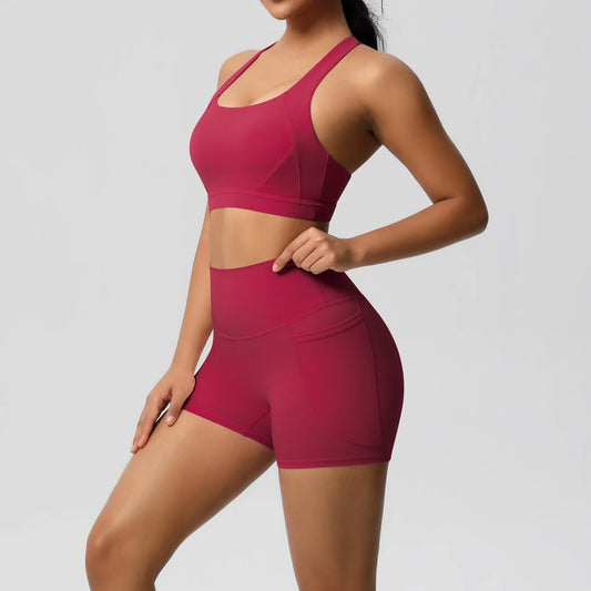 FlexFit™ Women’s Pocket Gym Set – Crossover Bra & Workout Shorts 2PCS Activewear