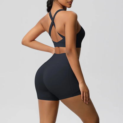 FlexFit™ Women’s Pocket Gym Set – Crossover Bra & Workout Shorts 2PCS Activewear