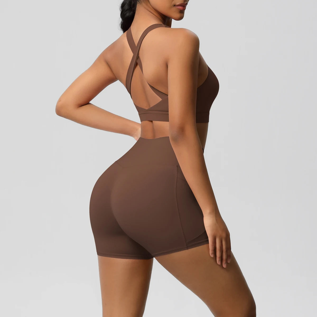 FlexFit™ Women’s Pocket Gym Set – Crossover Bra & Workout Shorts 2PCS Activewear