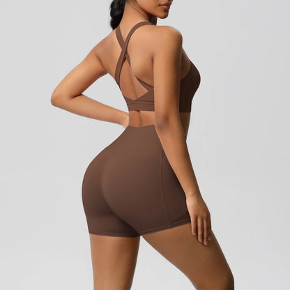 FlexFit™ Women’s Pocket Gym Set – Crossover Bra & Workout Shorts 2PCS Activewear