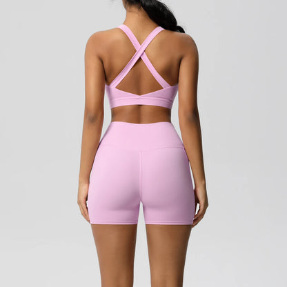 FlexFit™ Women’s Pocket Gym Set – Crossover Bra & Workout Shorts 2PCS Activewear