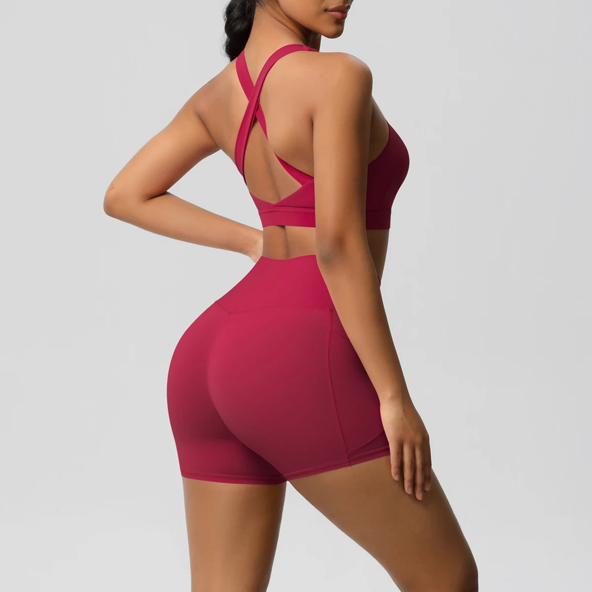 FlexFit™ Women’s Pocket Gym Set – Crossover Bra & Workout Shorts 2PCS Activewear