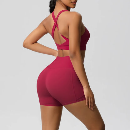 FlexFit™ Women’s Pocket Gym Set – Crossover Bra & Workout Shorts 2PCS Activewear