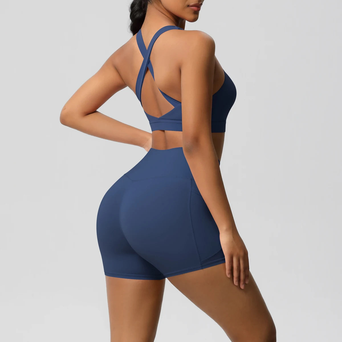 FlexFit™ Women’s Pocket Gym Set – Crossover Bra & Workout Shorts 2PCS Activewear