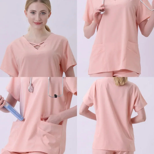 MedFlex™ Women’s Scrub Set – Solid Color X-Neck Top & Jogger Pants with Pockets