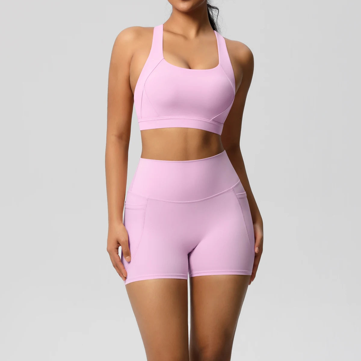 FlexFit™ Women’s Pocket Gym Set – Crossover Bra & Workout Shorts 2PCS Activewear